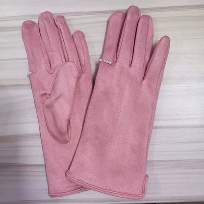 Women'S Winter plus Velvet Thicken Warm Touch Screen Gloves Elegant Pearl Suede Windproof Full Finger Cycling Driving Gloves K43