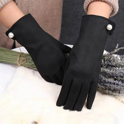 Women'S Winter plus Velvet Thicken Warm Touch Screen Gloves Elegant Pearl Suede Windproof Full Finger Cycling Driving Gloves K43