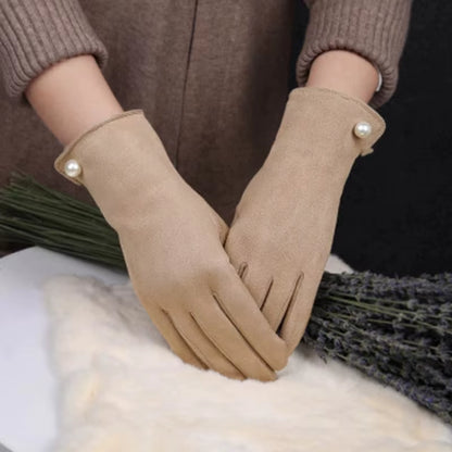 Women'S Winter plus Velvet Thicken Warm Touch Screen Gloves Elegant Pearl Suede Windproof Full Finger Cycling Driving Gloves K43