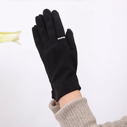 Women'S Winter plus Velvet Thicken Warm Touch Screen Gloves Elegant Pearl Suede Windproof Full Finger Cycling Driving Gloves K43