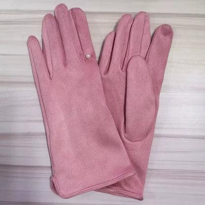 Women'S Winter plus Velvet Thicken Warm Touch Screen Gloves Elegant Pearl Suede Windproof Full Finger Cycling Driving Gloves K43