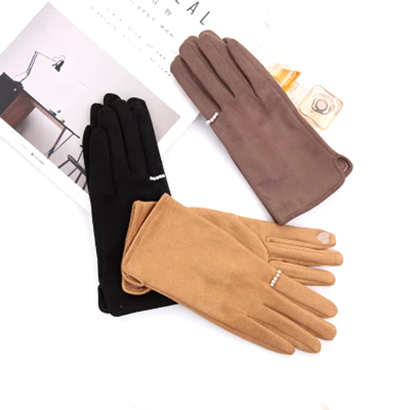 Women'S Winter plus Velvet Thicken Warm Touch Screen Gloves Elegant Pearl Suede Windproof Full Finger Cycling Driving Gloves K43