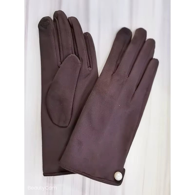 Women'S Winter plus Velvet Thicken Warm Touch Screen Gloves Elegant Pearl Suede Windproof Full Finger Cycling Driving Gloves K43