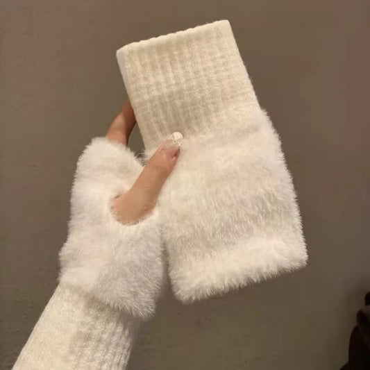 Mink Fleece Soft Winter Half Finger Gloves Women Warm Luxury Solid White Plush Knitted Fingerless Gloves Wrist Mittens Writting