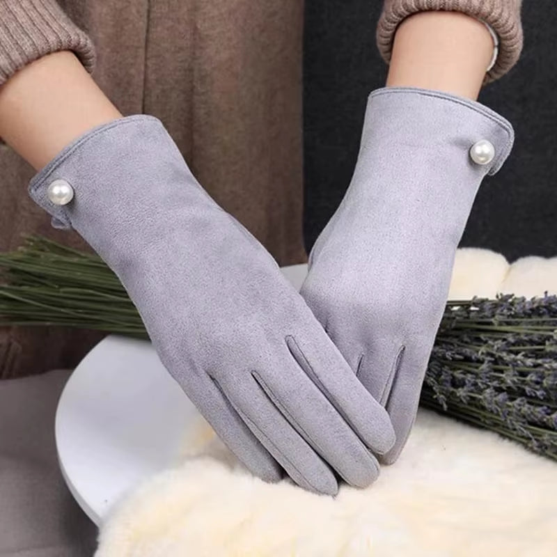 Women'S Winter plus Velvet Thicken Warm Touch Screen Gloves Elegant Pearl Suede Windproof Full Finger Cycling Driving Gloves K43