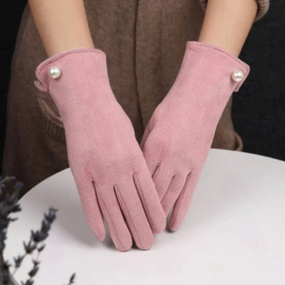 Women'S Winter plus Velvet Thicken Warm Touch Screen Gloves Elegant Pearl Suede Windproof Full Finger Cycling Driving Gloves K43